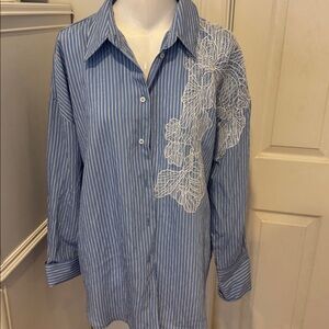Blue Striped Shirt with White Lace Detail oversized.  New With Tags